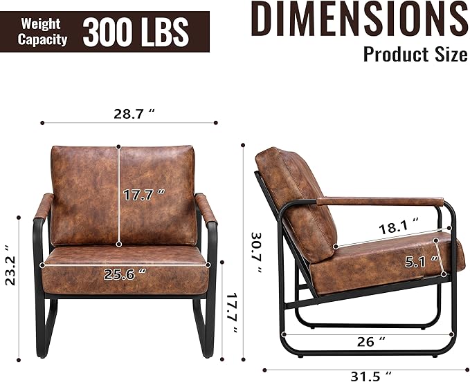 PrimeZone Mid-Century Modern Accent Chair Set of 2 - Comfy Faux Leather Living Room Chair, Lounge Armchair with Extra Soft Padded & Cushion, Ergonomic Accent Chair for Bedroom, Office, Brown