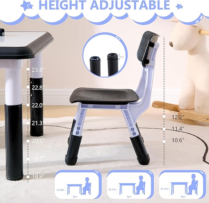 Kids Table & Chairs Set (2 Chairs), Height Adjustable Toddler Table and Chair Set for Kids Ages 3-8 with Graffiti Desktop, Learning & Art Activity Desk for Classroom, Home, Daycare (Black)