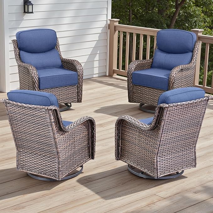 Rilyson 4 Piece Outdoor Patio Swivel Rocker Chairs, Waterproof Wicker, High Back, Deep Seating, Wide Armrest, Upgraded 6 inch Thick Cushions, Ideal for Deck Porch Backyard, Brown/Blue