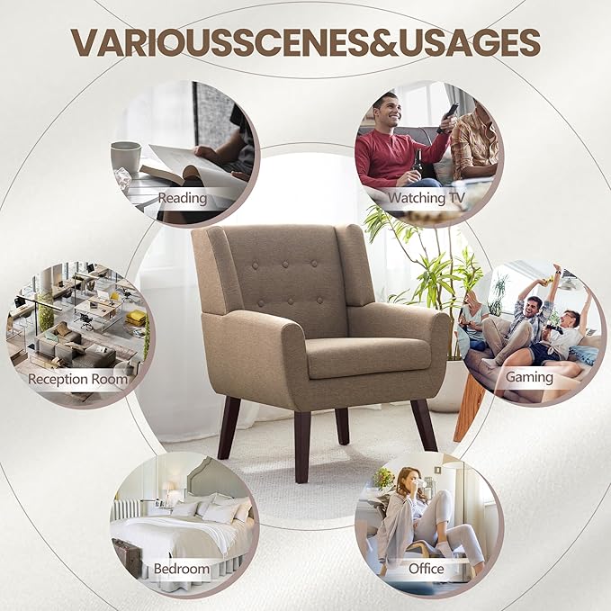 HUIMO Living Room Accent Chair Set of 2, Upholstered Button Tufted Armchair with Wooden Legs, Linen Fabric Sofa Chairs for Bedroom, Living Room, Mid-Century Modern Comfy Reading Chair (2 PCS, Brown)