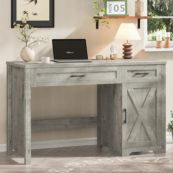 Vabches Farmhouse 51" Executive Desk,Computer Desk with Drawers and Storage Cabinet, Home Office Desk for Work and Study.Grey