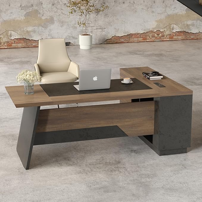 L Shape Executive Desk, Large Office Desk with Drawers & Shelves, 78.74 Inches Industrial Wooden Desk with Storage, Modern Computer Desk for Home Office, Black and Brown, Left Side