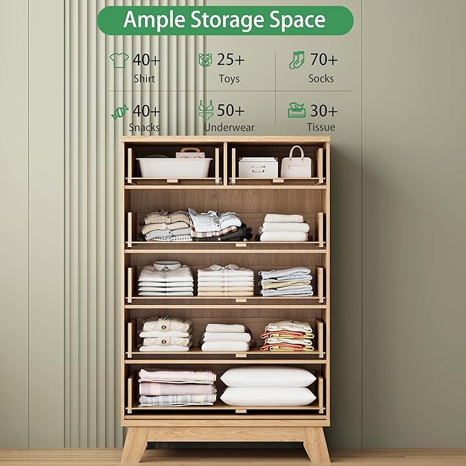 Fluted Dresser for Bedroom with 6 Drawers, 46" Tall Modern Chest of Drawers with Metal Handle, Wooden Dresser TV Stand, Wood Closet Clothes Storage Organizer for Living Room, Hallway, Natural Oak