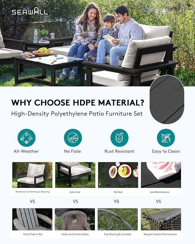 SERWALL HDPE Patio Furniture Set with 15FT Double Side Patio Umbrella, 7-Piece Outdoor Modular Sectional Sofa Set, All Weather Patio Couch Set for Deck, Black & Beige(Umbreall Base not Included)