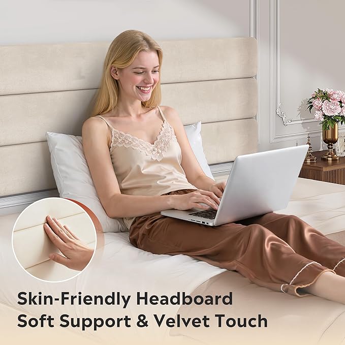 WLIVE Queen Size Upholstered Bed Frame, Velvet Square Tufted Headboard, Sturdy Metal & Wooden Slats Support, No Box Spring Needed, Beige