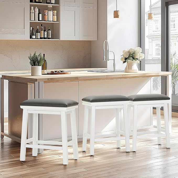 ALPHA HOME 24 Inch Counter Height Bar Stools Set of 4, Modern Design, Upgraded Faux Leather Upholstery, Sturdy Wood Legs - Ideal for Kitchen Islands, Black