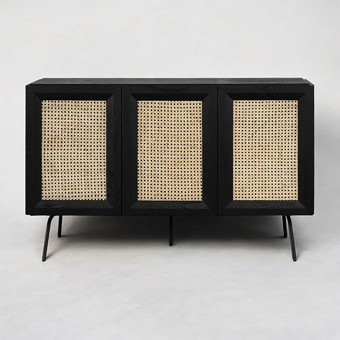 NTC MOSSIC Modern Sideboard with 3 Doors, Natural Rattan Storage Cabinet, Buffet with Metal Legs, Boho Accent Cabinet for Living Room, and Entryway, Effortless Assembly - Burnt Black