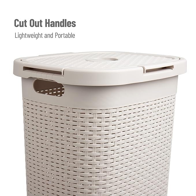 Mind Reader Slim Laundry Hamper with Lid, 60L Clothes Basket, Premium Wicker Design, Plastic, Ivory