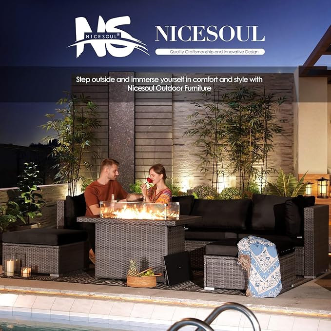 NICESOUL 7 Piece Outdoor Patio Sectional Furniture Set with Firepit Natural Gas/Propane, 29.3'' High-Back Comfy Conversations for Outside, Oversized Wide Wicker Couches, 2 Color Cushion Black & Gray
