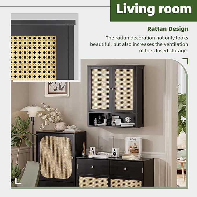 Bathroom Wall Cabinet, Bamboo Over-The-Toilet Storage Organizer with 2 Rattan Doors and Adjustable Shelf, Space Saver Medicine Cabinet for Laundry, Kitchen, Living Room (Black)