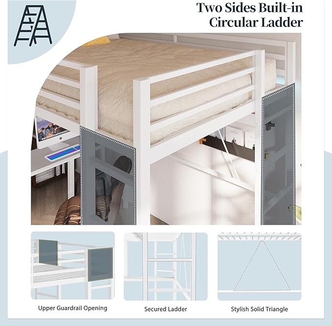 SUNLEI Metal Twin Loft Bed with Desk, Twin Size Loft Bed with 2 Built-in Ladders & Safety Guard, Noise Free for Small Bedroom, Matte White