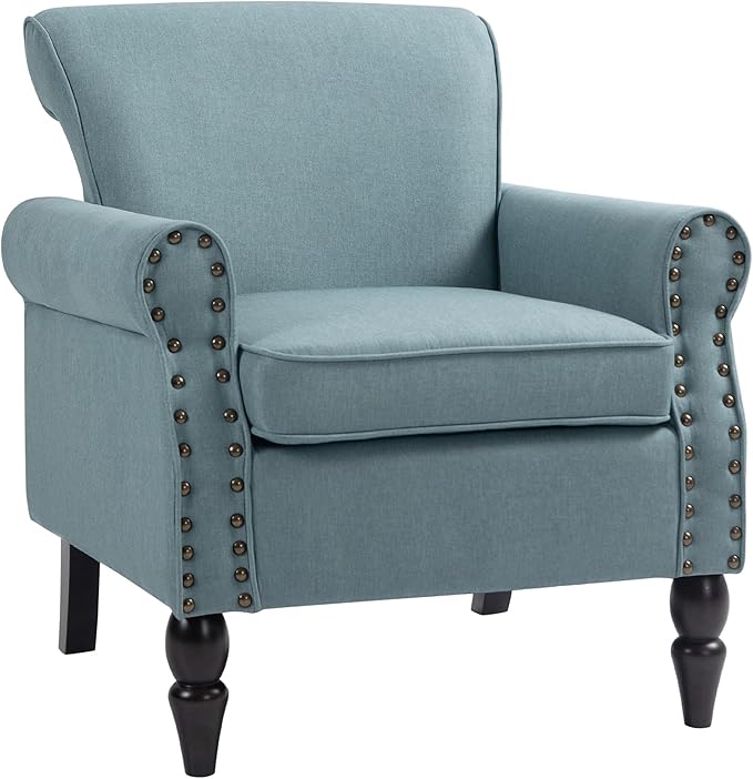 Accent Chair, Upholstered Armchair with High Resilience Sponge & Wood Legs, Mid-Century Modern Comfy Single Sofa Reading Chairs for Living Room, Bedroom (Blue, Set of 1)