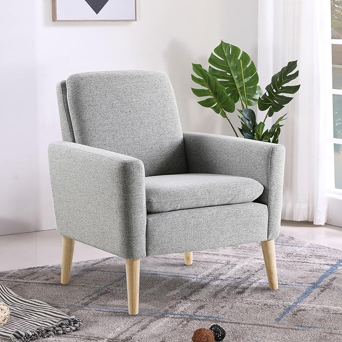 Lohoms Mid Century Modern Accent Chair, Fabric Upholstered Comfy Reading Leisure Chair for Bedroom, Living Room Stuffed Seat Single Sofa Chair with Wood Legs, Grey