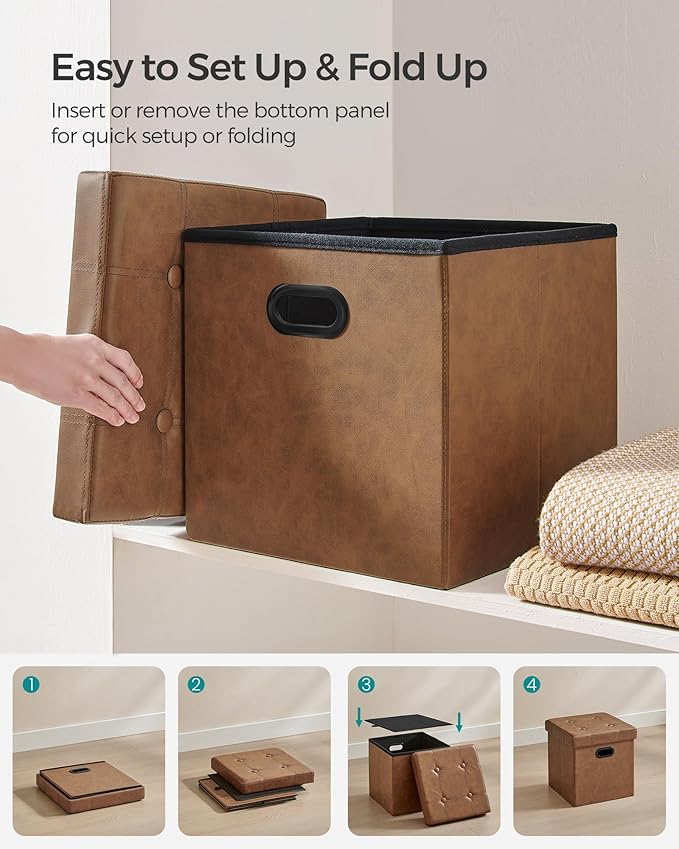 SONGMICS Mazie Collection - 15 Inches Ottoman with Storage, Footstool, Storage Ottoman with Metal Handles, Load 660 lb, for Dorm, Living Room, Bedroom, Synthetic Leather, Coffee Brown ULSF030K01