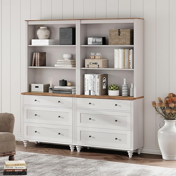 3 Tier Bookshelf with 3 Drawers, 72" Tall Bookcase Large Farmhouse Display Book Case Shelf with 3-Tier Open Book Shelfs,Library Wood Bookshelves for Living Room & Kitchen & Bedroom, Off White, 2 PCS