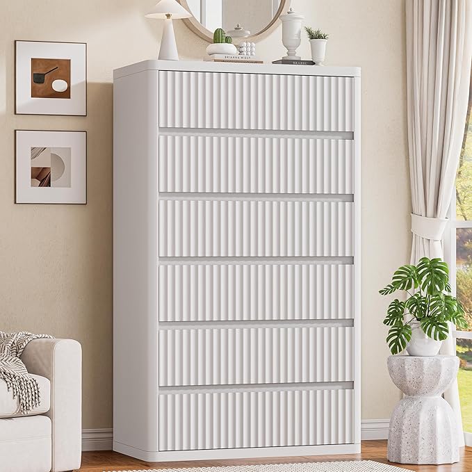 56" Tall Dresser for Bedroom, White Fluted Dresser with 6 Deep Drawers, Modern Chest of Drawers with Curved Profile, Handleless, Wooden Drawer Organizer for Living Room, Hallway, Closet