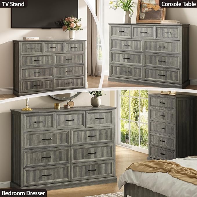 CARPETNAL Farmhouse 9 Drawer Dresser for Bedroom, 55 Inch Wide Modern Grey Dresser TV Stand with Large Drawers & Bar Handles, Rustic Wood Chest of Drawers for Bedroom, Living Room, Hallway, Entryway.