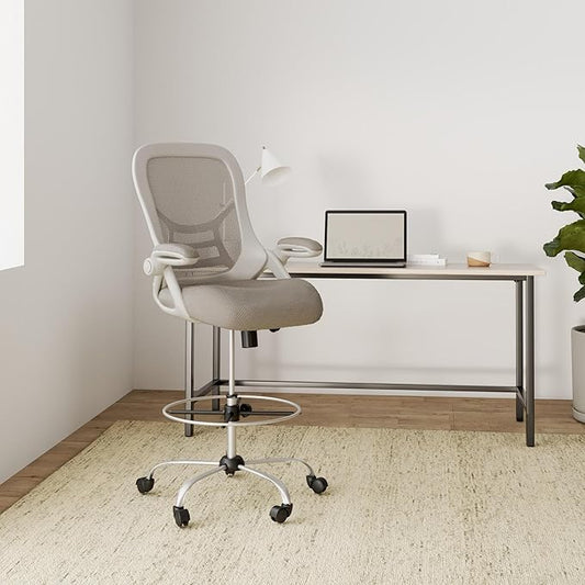 HYLONE Drafting Chair, Tall Office Chair Standing Desk Stool with Adjustable Foot Ring, Flip-Up Arms, Mesh High-Back Drafting Table Chair, White & Grey