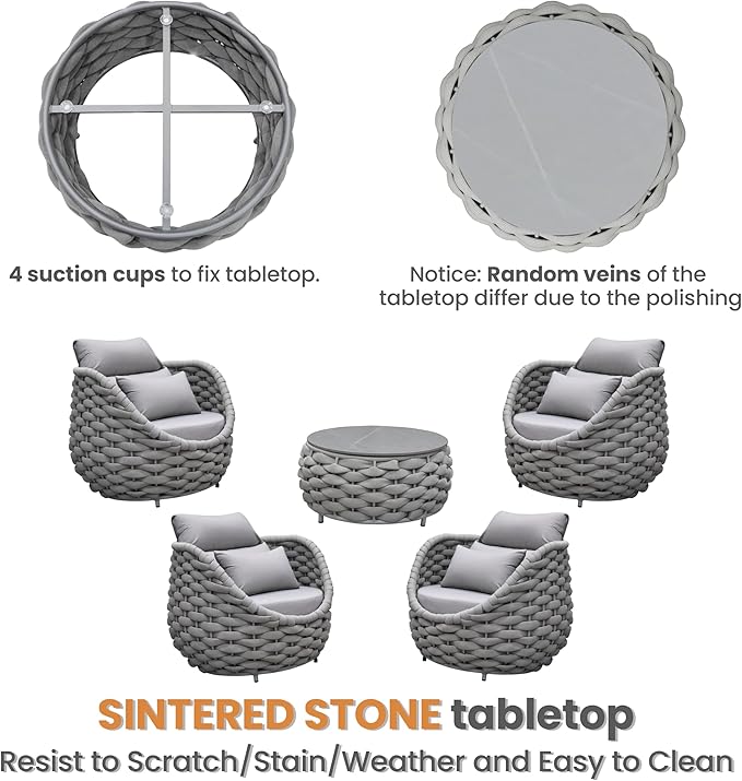 Front Porch Furniture Set: 5 Pieces Aluminum Patio Conversation Set All Weather - Cushioned Outdoor Sofa Set Assembled - Modern Metal Couch Seating for 400lbs Deck Garden Poolside Hotel - Gray
