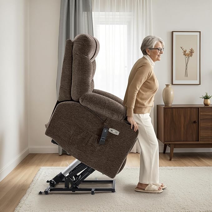 MCombo Power Lift Recliner Chair with Extended Footrest for Elderly People, Fabric 7281 (Brown, Small)
