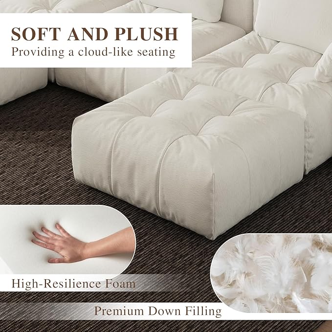 Cloud Sectional Couches, Comfort Linen Loveseat Modular Sofas with Wide Deep Seat, Down Filled Modern Upholstered Sofa Couch for Living Room, Apartment,Cream White