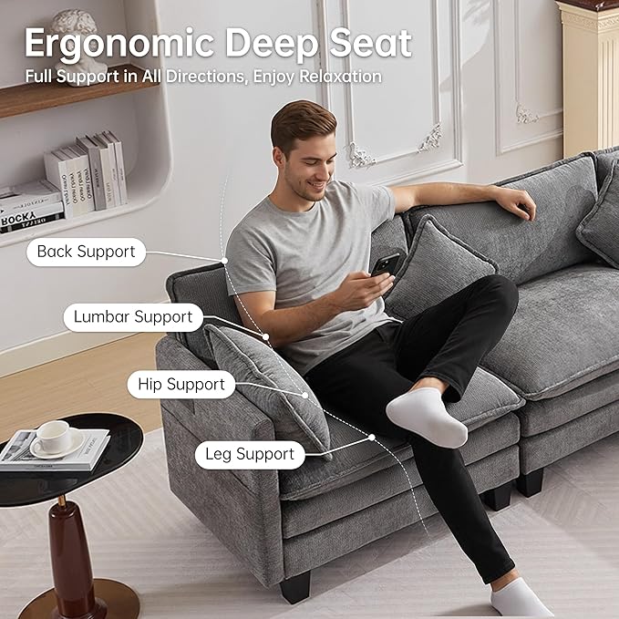 108" Modular Sectional Couches for Living Room with Ottoman, L Shaped Cloud Couch with Charger, USB & Type-c Port, Comfy 4 Seats Sofas with Deep Seat, Chenille Fabric, Darkgrey