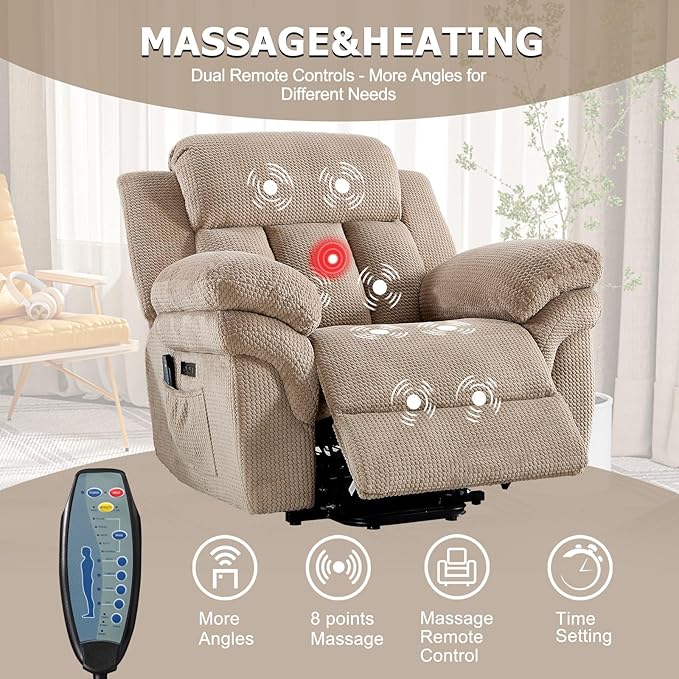 CANMOV 46" Wide Oversize Power Lift Recliner Chair, Extra Large Electric Lift Recliners for Elderly Big, Stand Up Recliner Chair with Massage and Heat, USB and Type-C Ports, Light Brown