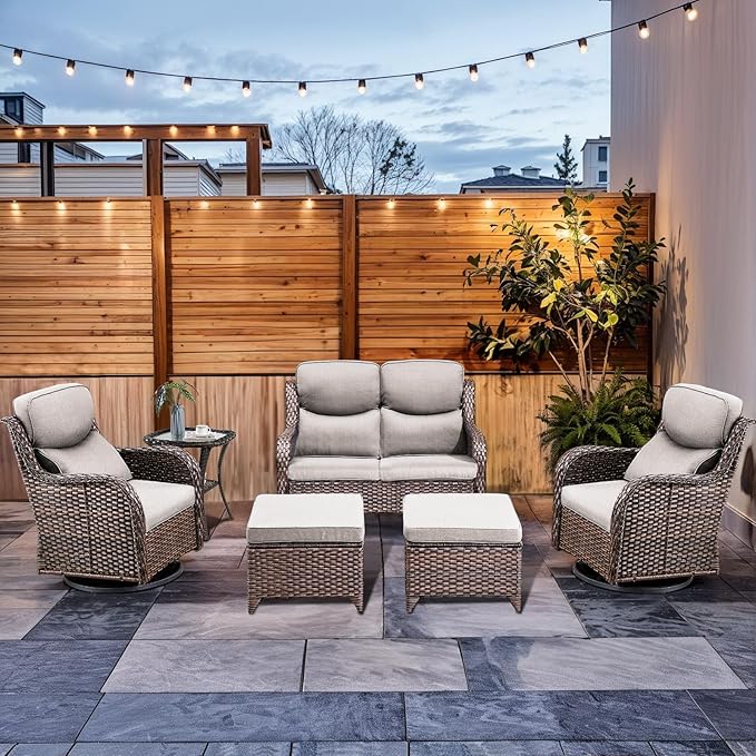 7-Piece Outdoor Wicker Patio Furniture Set with Swivel Glider Chairs,Loveseat, Coffee Table & Ottomans 5” Olefin Cushions Ergonomic Neck-Lumbar Backrest All-Weather Rattan for Garden, Deck, Porch