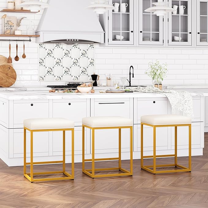 ALPHA HOME 24 Inch Counter Height Bar Stools, Upholstered Bar Stools for Kitchen Island, Counter Stools with Faux Leather Cushion and Sturdy Metal Frame, Modern Barstools, White and Gold