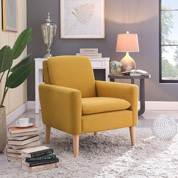 Lohoms Mid-Century Modern Accent Chair, Linen Fabric Upholstered Comfy Reading Leisure Chair for Living Room, Bedroom, Office, Waiting Room, Wood Legs, Mustard Yellow