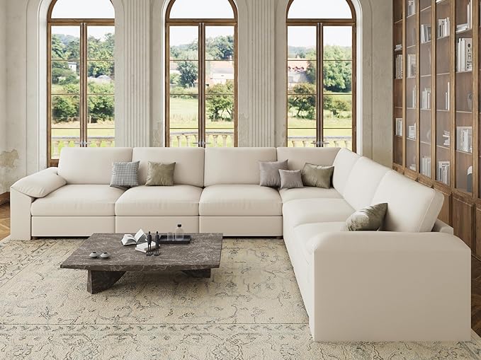 EASE MOOSE Leather Sectional Couch, Oversized Modular Sectional Sofas, Wide Deep Seat Modular Couch, Scratch Resistant Faux Leather Material, L Shaped Sofa for Big Spaces, Beige