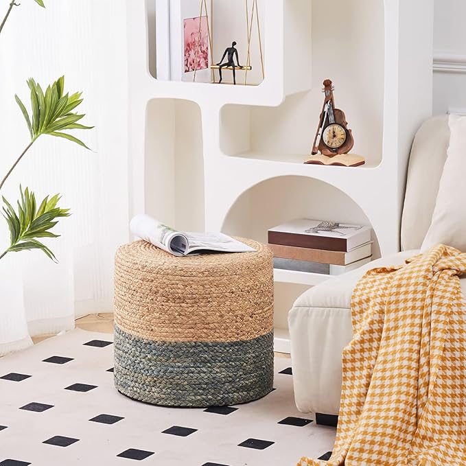 Wimarsbon Pouf Ottomans, Natural Seagrass Foot Stool, Hand Weaving Round Footrest, Poof Pouffe Accent Chair with Wood Frame for Living Room, Bedroom (68LE)