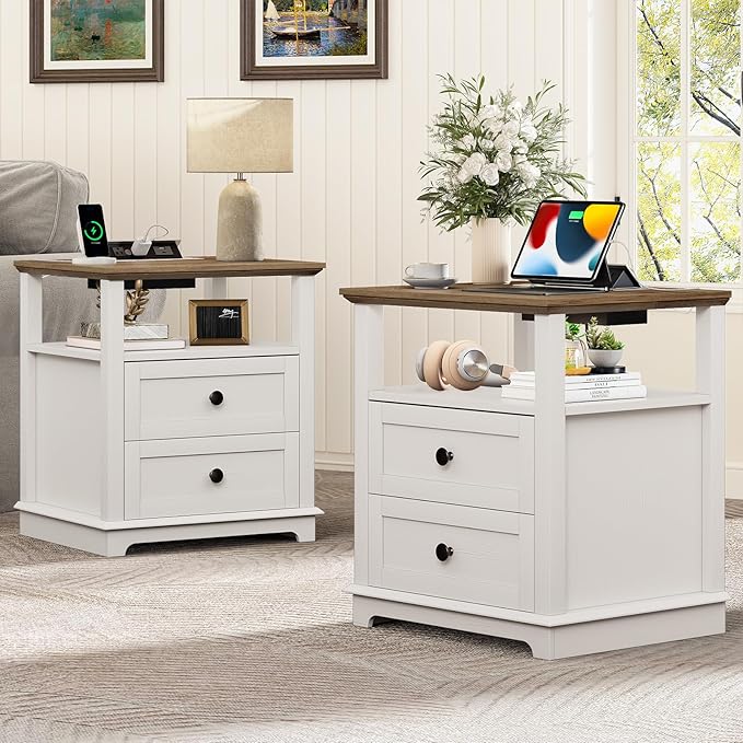 HIFYOBRO Large End Table Set of 2, Flip Top Charging Station and 2 Drawers, Type-C & USB Port & Power outlets, Wooden Storage Cabinet, Side Table with Storage for Living Room and Bedroom (White)