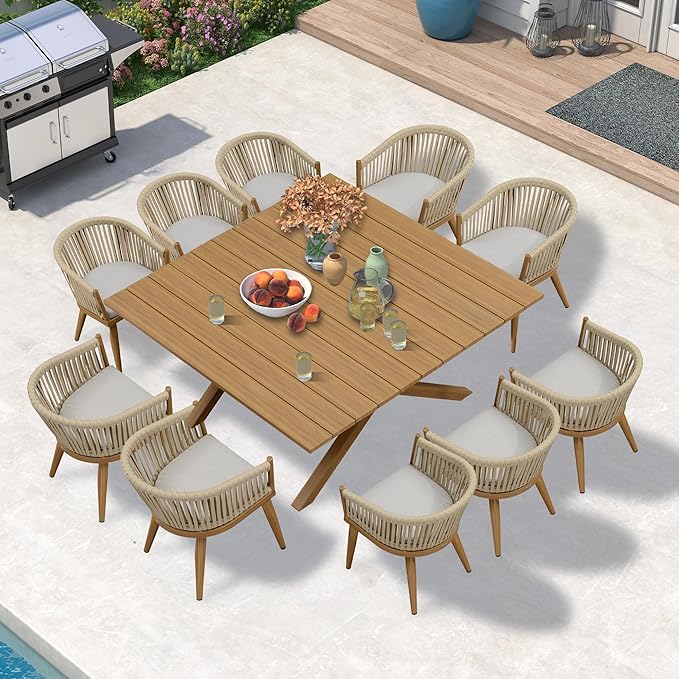 PURPLE LEAF 12 Pieces Outdoor Dining Set with Patio Aluminium Dining Table and Wicker Chairs Modern Furniture Cushions Sets for Backyard Indoor Decor Kitchen Teak