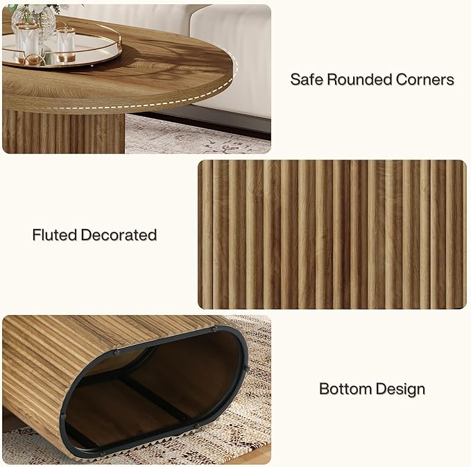 Tribesigns Oval Coffee Table, 47.2" Farmhouse Wooden Center Table with Fluted Design, for Living Room, Office, Apartment, Rustic Brown