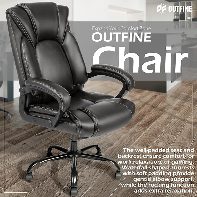 OUTFINE Office Chair Executive Office Chair Desk Chair Computer Chair with 5-Year hydrolysis-Resistant Leather Spring Cushion Ergonomic Support Tilting Function Upholstered in Bonded Leather Black