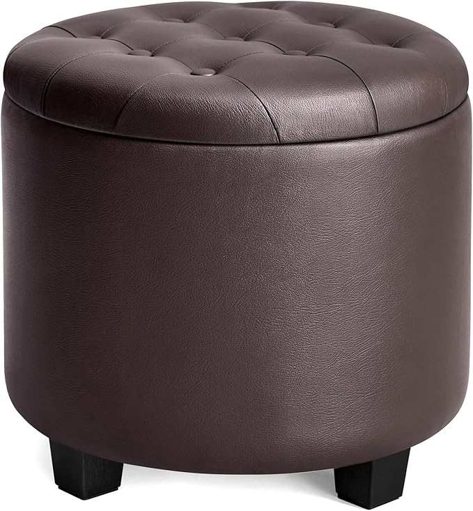 SONGMICS Round Ottoman, Ottoman with Storage, 17.7 x 17.7 x 17.5 Inches, Foot Rest with Legs, Synthetic Leather, Load up to 330 lb, for Living Room, Bedroom, Chestnut Brown ULOM014K01