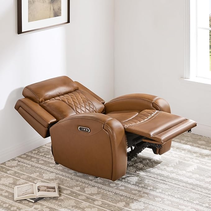 CHITA Genuine Leather Recliner Chair for Adults with Adjustable Power Headrest, Lay Flat Power Recliner with Slide-Out Cupholders & USB/Type-C Ports, Living Room Chair, Saddle
