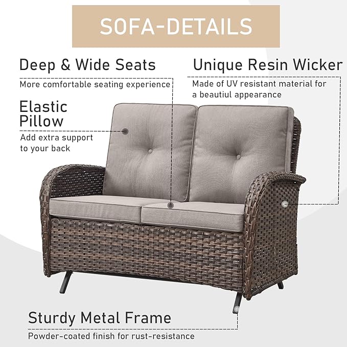 HUMMUH 7-Piece Patio Furniture Set with Fire Pit,Wicker Patio Glider Loveseat Outdoor Swivel Rocker Chairs with Ottomans for Backyard,Poolside,Deck