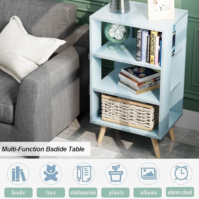 Night Stand, Blue Kids Nightstand, Modern End Table with Open Storage, 3-Tier Nursery Bedside Table for Small Space, Living Room, Bedroom