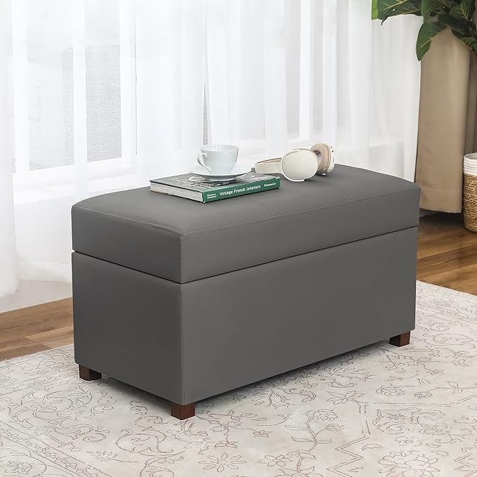 Asense Storage Ottoman Bench –32 Inch Stylish Compact Design with Storage, Extra Seating & Modern Leather Appeal for Living Room, Bedroom, Entryway, Slate Gray