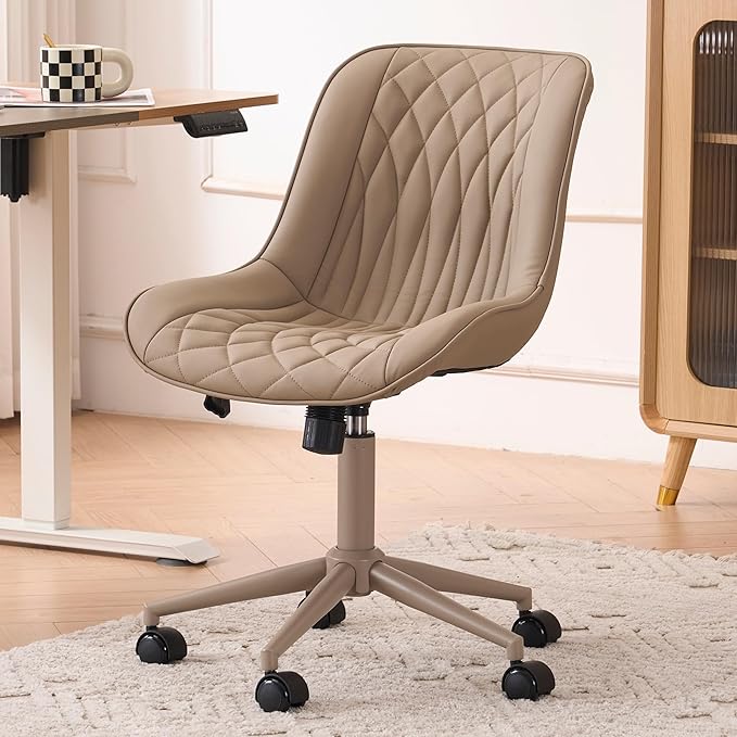 YOUNIKE Khaki Home Office Desk Chair No Arms Comfy Small Vanity Chair Chair with Wheels Swivel Adjustable Modern Ergonomic Task with Back Armless Cute Leather Upholstered Rolling Chair