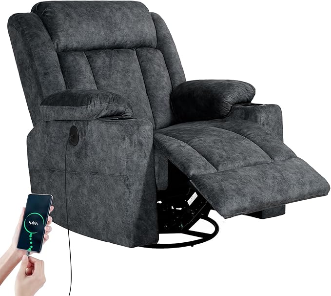 Retro Rocking Recliner Chair, Massage Rocker Recliner Chair with Vibration Massage and Heat, USB and Type-C Ports,360° Swivel Chairs,Living Room, Bedroom, Nursery, RV, Dark Grey