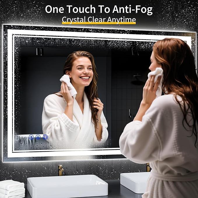 48"x32" LED Bathroom Mirror with Anti-Fog, Stepless Dimmable Lights, 3 Color Modes, Shatter-Proof Tempered Glass, Memory Function & Waterproof Design