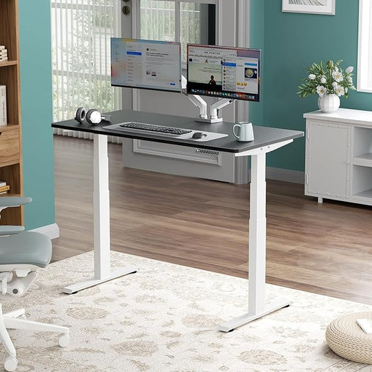 3 Stages Dual Motor Electric Standing Desk with One Piece Desktop, 48 x 24 Inch Adjustable Height Sit to Stand Up Desk for Home Office, Work & Study, White Frame & Black Desktop (2 Packages)