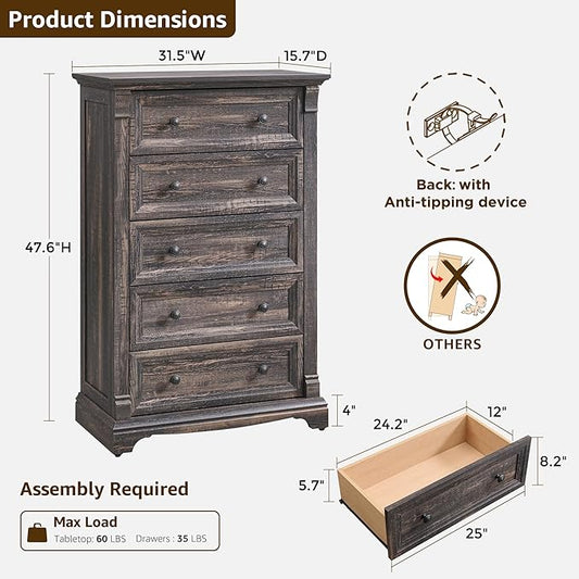T4TREAM Farmhouse 5 Drawer Dresser for Bedroom, 47" Tall Wood Dresser with Ample Storage Space and Rustic Charm, Dark Rustic Oak