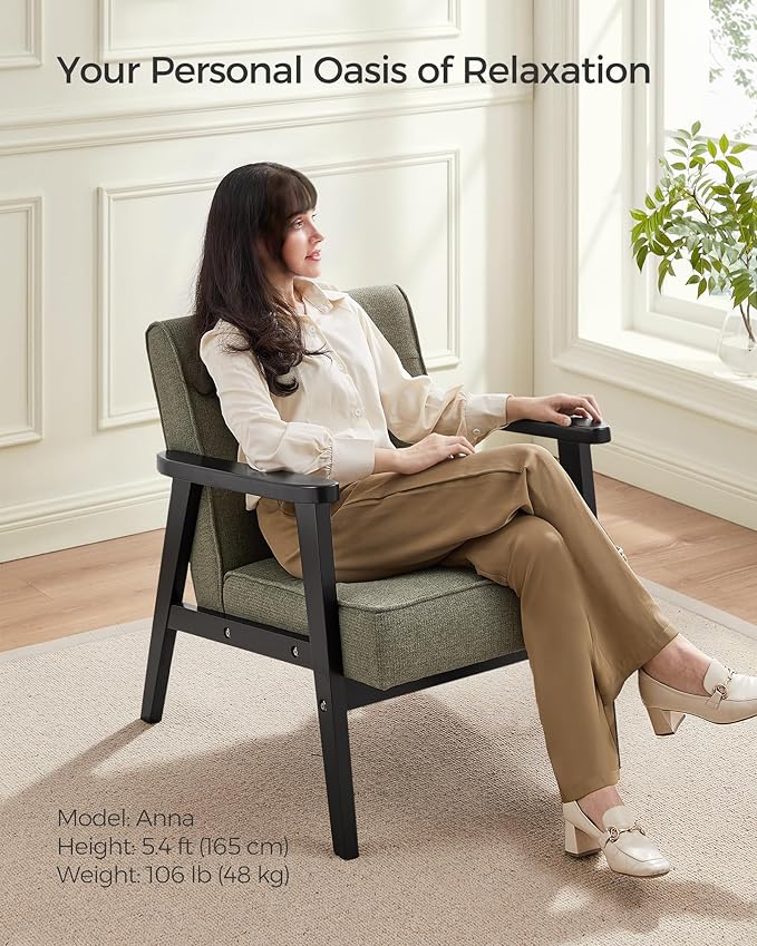 SONGMICS Accent Leisure Chair, Mid-Century Modern Arm Chair with Solid Wood Armrests and Legs, 1-Seat Cushioned Sofa for Living Room Bedroom Balcony Studio, Olive Green ULAC001C01