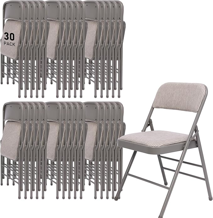SEALAMB 30 Pack Padded Folding Chairs, Durable Metal Folding Chairs with Fabric Seat & Back for Home Office Wedding Party Events, 350lb Capacity (Grey-Fabric, 30 Pack)