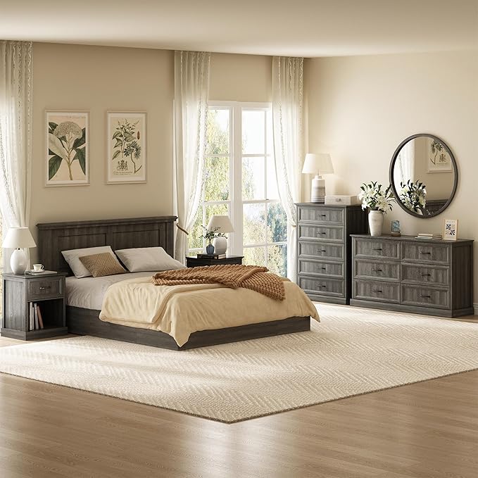 CARPETNAL Farmhouse Dresser and Nightstand Sets for Bedroom, 4 Pcs Bedroom Set, 5 Drawer & 6 Drawer Dresser and Nightstand Set of 2, Wood Chest of Drawers for Living Room, Entryway, Grey