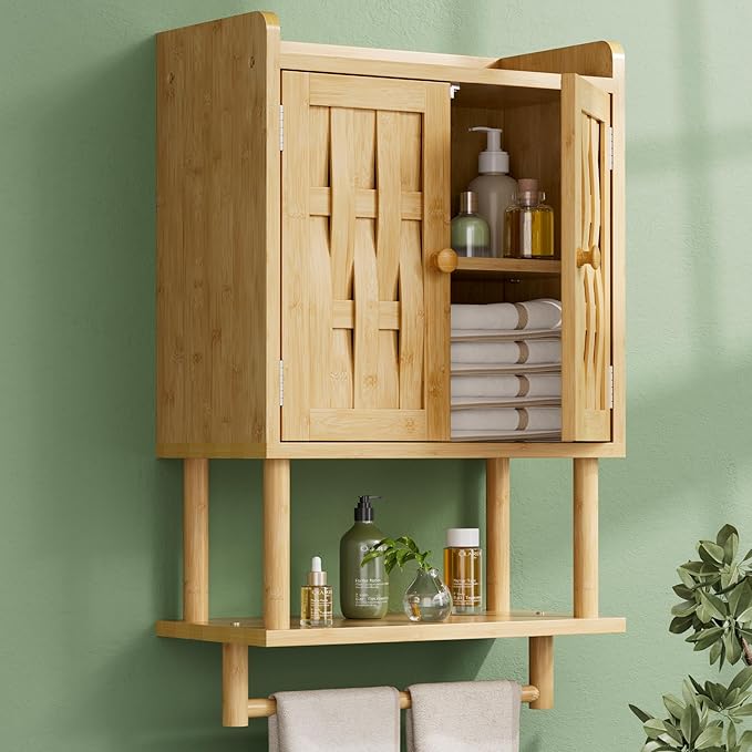 AmazerBath Bathroom Wall Cabinets with Strip Weaving Door, Medicine Cabinets with Towel Bar, Hanging Over Toilet Storage Organizer Cabinet for Small Spaces, Adjustable Shelves, 8.3x16.5x26.6 Inches